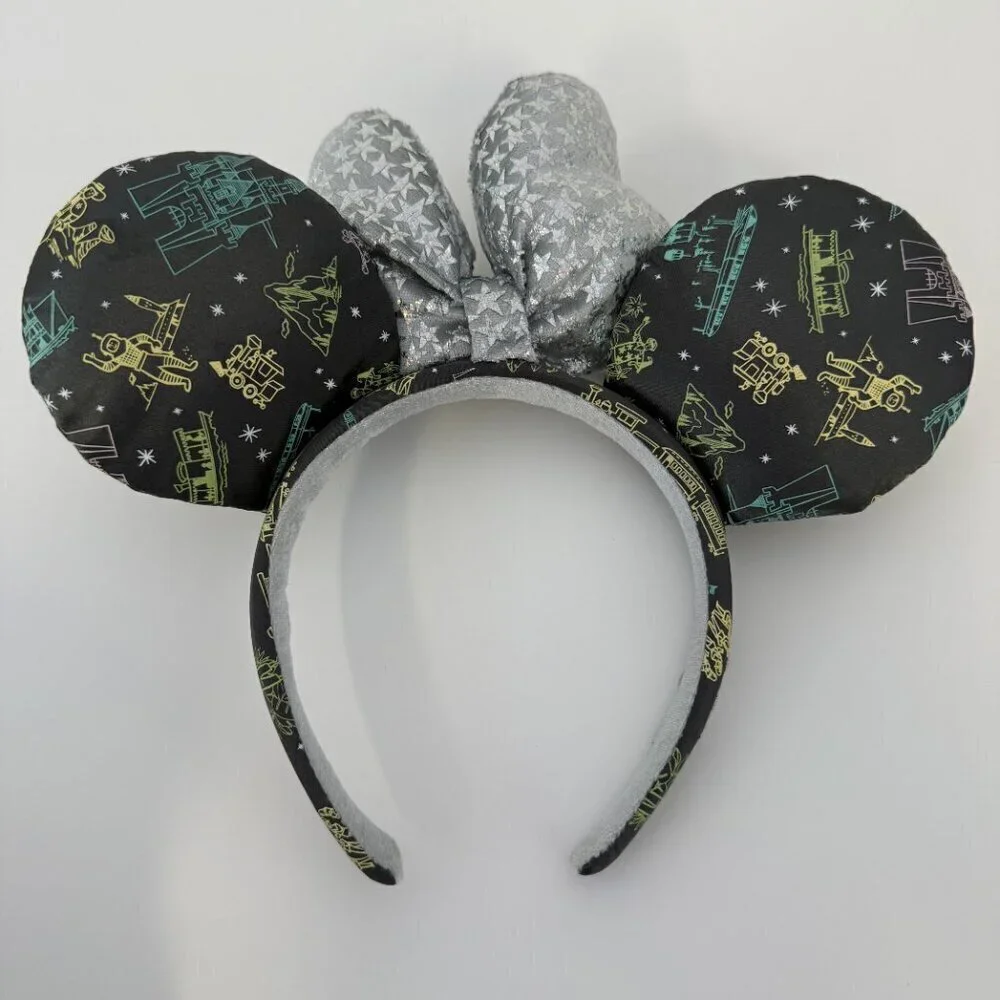 Disney Minnie Mouse Ears Headband 100th Anniversary Print Silver Star Bow